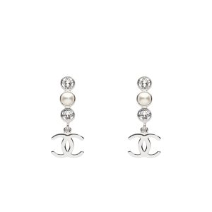 CHANEL CRYSTAL CC PEARL DROP EARRINGS SILVER