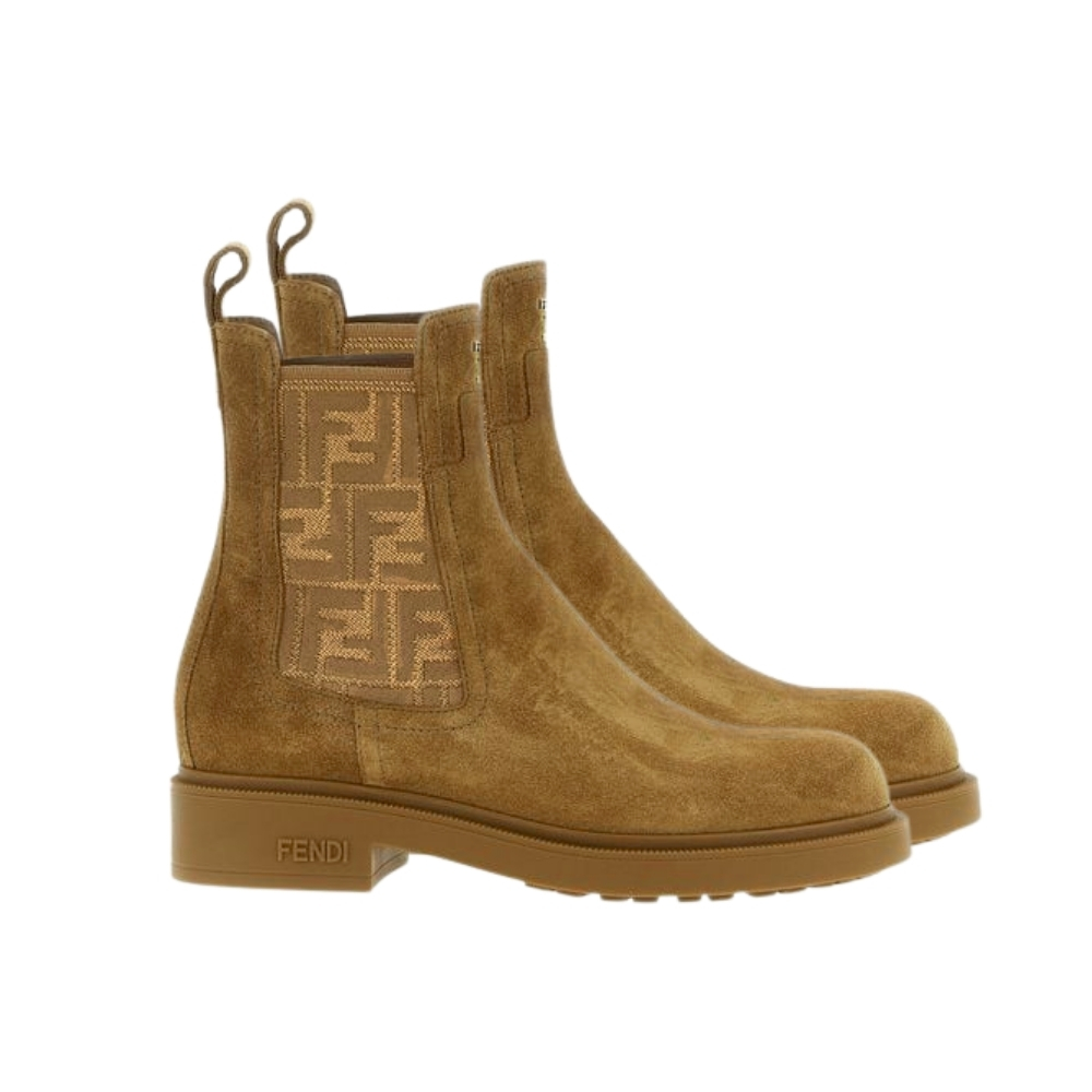 FENDI FILO BOOTS BROWN LEATHER AND FF FABRIC BIKER BOOTS FENDI FILO BOOTS BROWN LEATHER AND FF FABRIC BIKER BOOTS