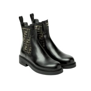 FENDI FILO BOOTS BLACK LEATHER AND FF FABRIC BIKER BOOTS 8T8576A379F1TOG