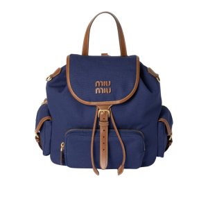 MIUMIU CANVAS BACKPACK CORNFLOWER BLUE AND BRANDY 27CM 5BZ042 2IBQ F0TQF V OOO