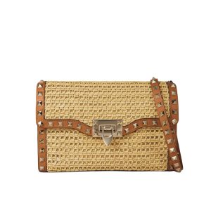 VALENTINO GARAVANI ROCKSTUD SMALL RAFFIA SHOULDER BAG NATURAL 22CM