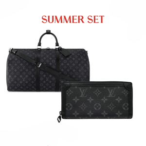 SUMMER SET: LOUIS VUITTON KEEPALL BANDOULIÈRE 50 MONOGRAM ECLIPSE & LONG WALLET MONOGRAM ECLIPSE TRUNK ZIPPY BLACK 19CM