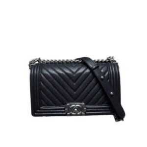 Chanel Boy Caviar Chevron Quilted Flap Bag Black 25Cm