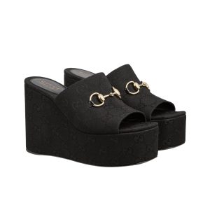 GUCCI WOMEN'S WEDGE SANDAL WITH HORSEBIT BLACK 816328 FAB10 1000