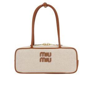 MIUMIU WOMEN'S CANVAS AND LEATHER BAG NATURAL BEAU 27CM
