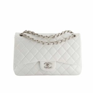 CHANEL CLASSIC DOUBLE FLAP BAG WHITE SILVER HARDWARE 25CM