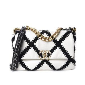Chanel 19 Flap Bag Crochet Gold And Silver Tone White Black 24Cm