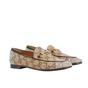 GUCCI WOMEN'S JORDAAN LOAFER BEIGE AND DARK BROWN 813000 FAD4D 2550