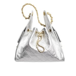 Chanel 25 Small Handbag Metallic Grained And Gold Tone Metal Silver 26Cm