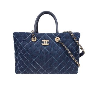 CHANEL QUILTED LARGE COCO HANDLE SHOPPING TOTE DENIM BLUE 37CM