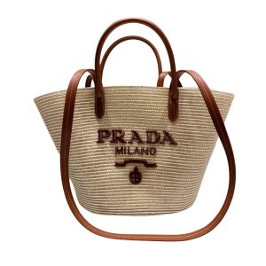 PRADA LARGE RAFFIA AND LEATHER SHOPPING BAG 25CM 1BG470 2CXQ F0A5T V GOO