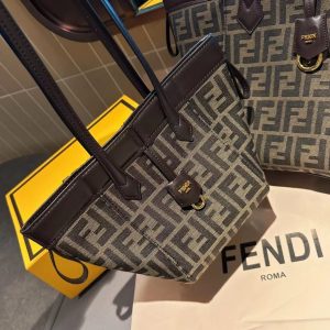 Fendi Women Origami Large Brown FF Jacquard Fabric Bag that can be Transformed
