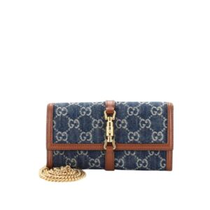 Gucci Jackie 1961 Continental Chain Wallet GG Denim Blue 19Cm