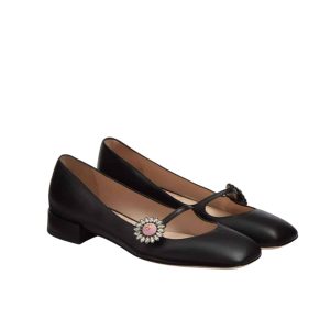VALENTINO MARY JANE PRESHOES BALLERINA IN KIDSKIN WITH JEWEL BUTTON BLACK 6W2S0LL7DHS 9TJ