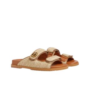 GUCCI WOMEN SANDAL WITH DOUBLE G NATURAL RAFFIA BROWN