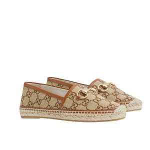 GUCCI WOMEN ESPADRILLE WITH HORSEBIT BEIGE AND DARK BROWN GG CANVAS 817244 9SF40 2547
