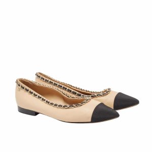 CHANEL LEATHER AND FABRIC CC CHAIN LINK BALLET FLATS BEIGE AND BLACK