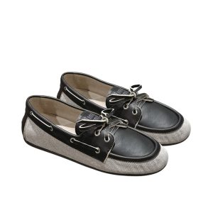 MIUMIU CANVAS AND BLEACHED LEATHER BOAT SHOES BLACK