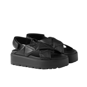 PRADA NAPPA LEATHER CRISSCROSS FLATFORM SANDALS BLACK 1XZ777 038 F0002 F 045