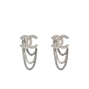 CHANEL STUD EARRINGS WITH CRYSTAL AND MULTI CHAIN IN SILVER TONE