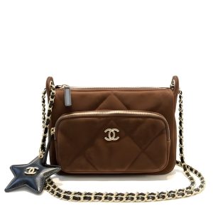 Chanel Clutch With Strap Velvet Effect Nylon Glossy Wrinkled And Gold Metallic Brown 20Cm