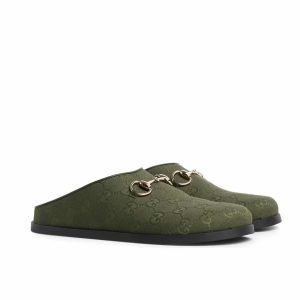 GUCCI WOMEN MULE WITH HORSEBIT DARK GREEN GG CANVAS 837130 FAB10 3046