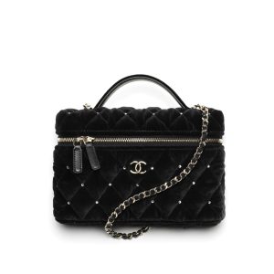 Chanel Vanity With Chain Velvet Diamante And Gold Tone Metal Black 19Cm