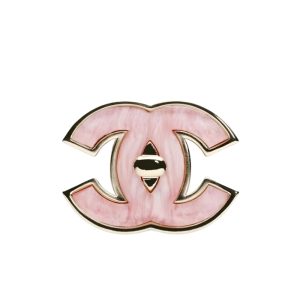 Chanel Cc Logo Brooch In Pink Enamel With Gold Tone Hardware