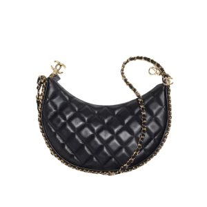 Chanel Hobo Bag Shiny Gold Metal Black 20Cm