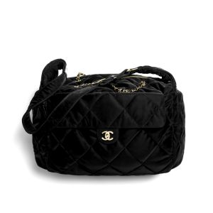 Chanel Maxi Bowling Bag Velvet Effect Nylon And Gold Tone Metal Black 27Cm