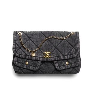 Chanel Maxi Flapbag Washed Denim And Gold Tone Metal Black 30Cm