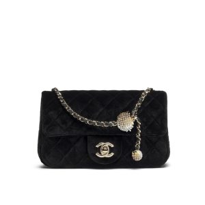 Chanel Mini Flap Bag Velvet Diamante And Gold Tone Metal Black 20Cm