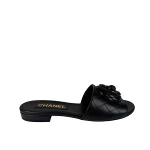 Chanel Camellia Leather Slides Black