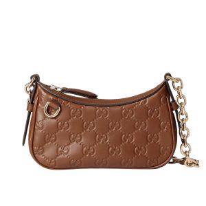 Gucci Gg Emblem Mini Shoulder Bag In Brown Gg Embossed Leather 19Cm