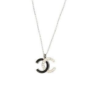 Chanel Cc Logo Pendant Necklace White Stones And Black Enamel Silver