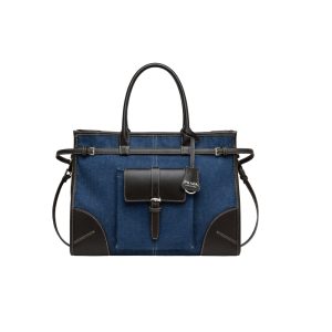 Prada Bonnie Denim and Brown Leather Tote Bag with Buckle Detail 38cm
