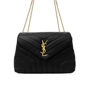 Saint Laurent Loulou Medium Chain Bag In Matelassé Y Leather Black Gold 26Cm