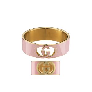 Set Gucci Cuff Bracelet And Ring Interlocking Enamel Light Pink Gold Tone
