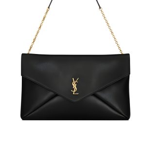 Saint Laurent Cassandre XXL Pouch On Chain In Shiny Leather Black 35Cm