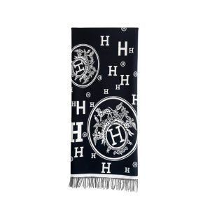 Hermes Muffler H Logo Wool Shawl Black 180Cm