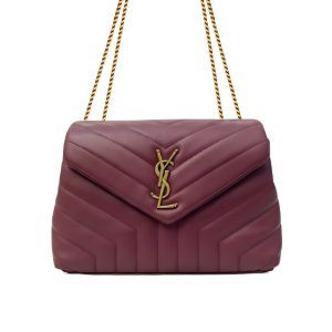 Saint Laurent Loulou Medium Chain Bag In Matelassé Y Leather Burgundy Gold 26Cm