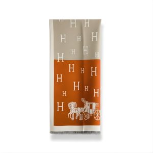 Hermes Equipage Equestrian Horse H Scarf Orange And Beige 180Cm