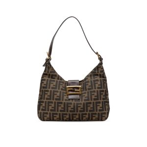 Fendi Zucca Baguette Canvas Leather Shoulder Bag Dark Brown 30cm