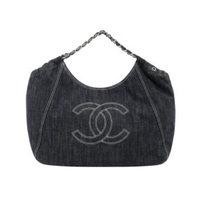 Chanel Large Tote Bag Black Denim Chain Strap 36Cm