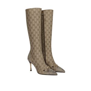 Gucci Women's Bombshell Boot GG Canvas Crystal Embellished Dark Brown