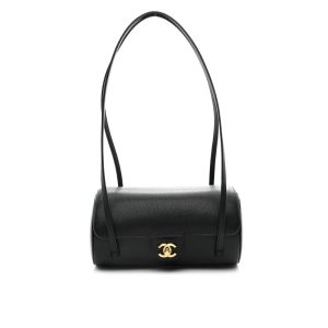Chanel Small Bowling Bag Grained Shiny And Gold Tone Black 20Cm