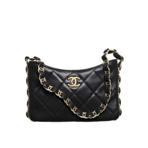 Chanel Hobo Handbag Gold Tone Hardware Black 24Cm