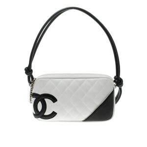 Chanel Cambon Pochette Quilted Leather White And Black 22Cm