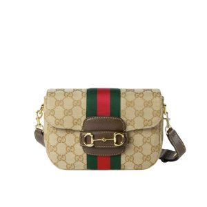 Gucci Horsebit 1955 Small Shoulder Bag GG Canvas Sand And Brown 21cm 866762 FAFV9 9653