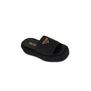 Prada Natural Crochet Flatform Slides Gold Hardware Black